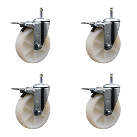 Service Caster 5'' Nylon Swivel 7/16'' Grip Ring Stem Caster Set with Total Lock Brake, 4PK SCC-GRTTL20S514-NYS-716138-4